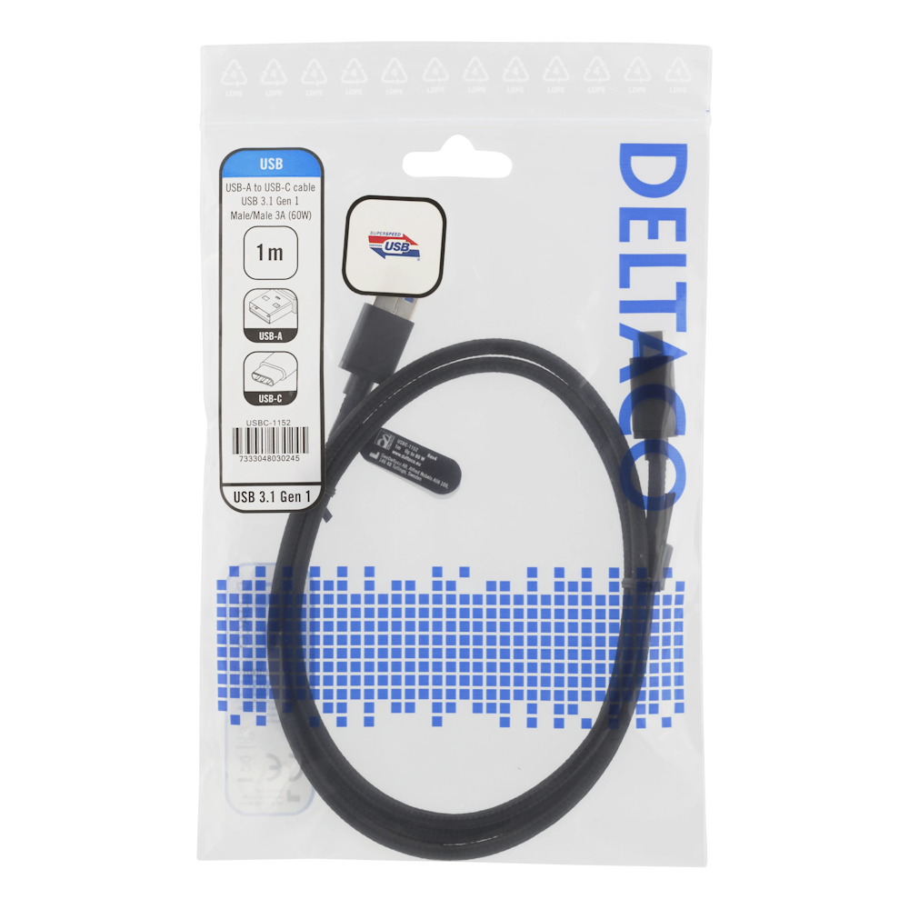 Deltaco USB 3.1 Gen1 Type-A / Type-C Laidas | Black, 1 m