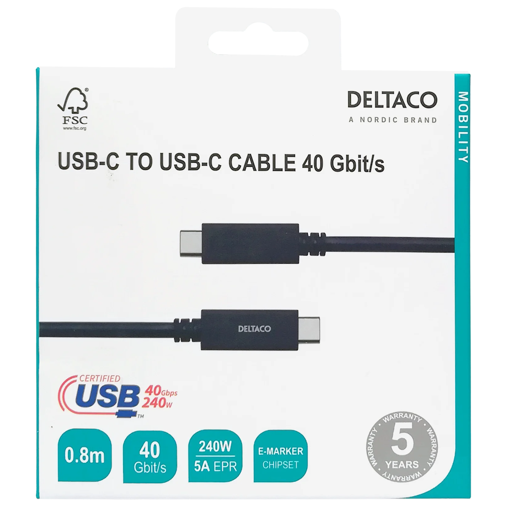 Deltaco USB 4 Gen3 Type-C Laidas | Black, 1 m