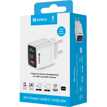 SANDBERG 2in1 Charger 1xUSB-C 1xUSB Įkroviklis | White, 35W