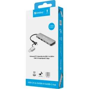 SANDBERG USB-C/A to 2xUSB-A+2xUSB-C Hub USB Šakotuvas