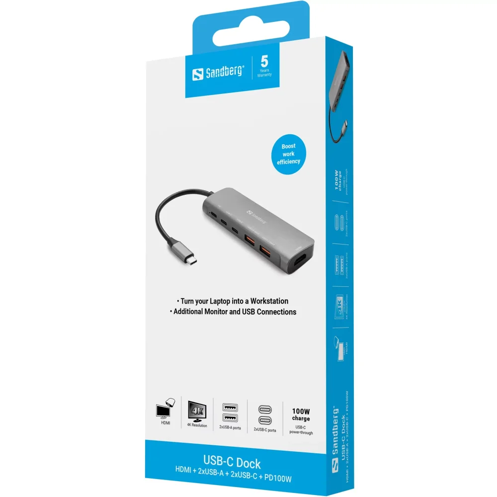 SANDBERG USB-C Dock HDMI + 2xUSB-A + 2xUSB-C + PD100W USB Šakotuvas