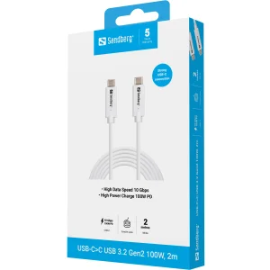 SANDBERG USB-C-C USB 3.1 G2 100W Kabelis | White, 2 m
