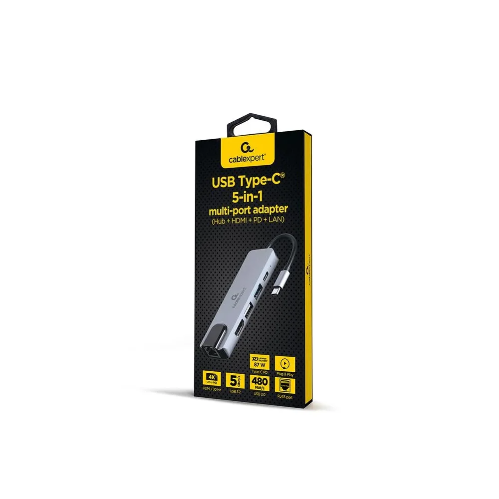 CABLEXPERT USB Type-C 5-in-1 multi-port adapter (Hub + HDMI + PD + LAN) USB Šakotuvas