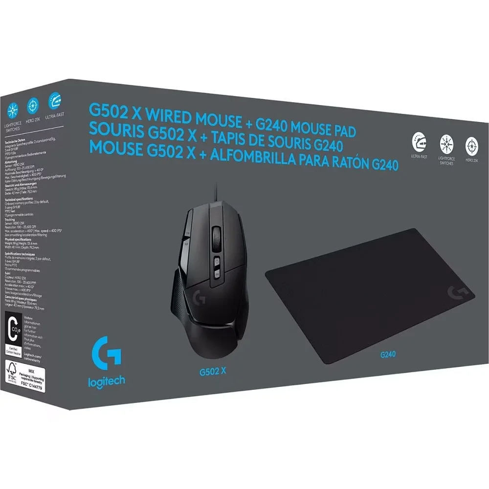 Logitech G502 X + G240 Pelės ir Kilimėlio Komplektas | Black