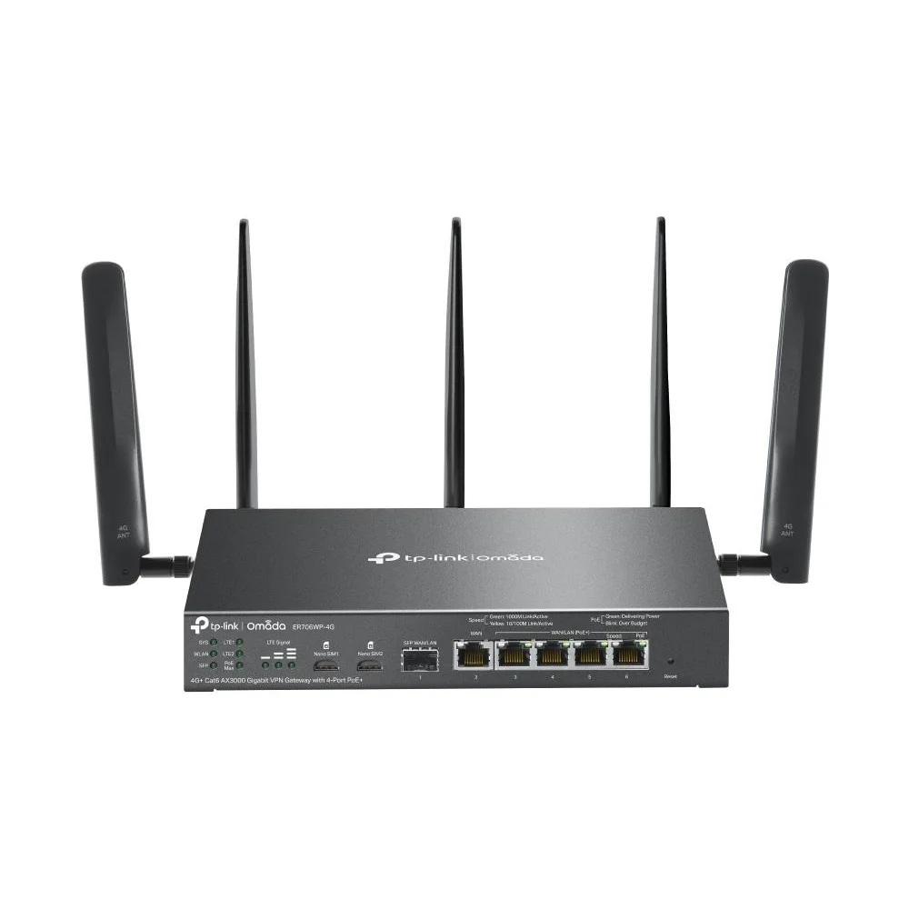 OMADA ER706WP-4G 4G+ Cat6 AX3000 Gigabit VPN Gateway with 4-Port PoE+ Maršrutizatorius | Black